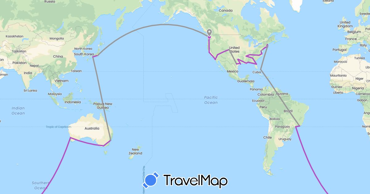 TravelMap itinerary: driving, plane, train in Australia, Brazil, Bahamas, Japan, United States (Asia, North America, Oceania, South America)